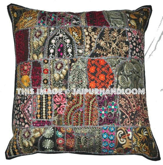 24x24" Vintage Indian Throw Pillows for Sofa Black Dining Chair Pillows-Jaipur Handloom
