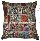 24x24" Vintage Indian Throw Pillows for Sofa Black Dining Chair Pillows-Jaipur Handloom