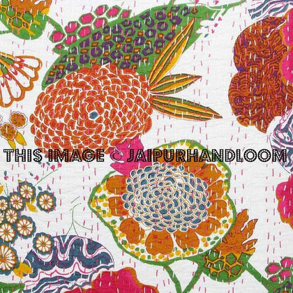 24x24 White Handmade Kantha Pillow, Kantha Decorative throw Pillow, kantha cushion cover, Floral Pillow Cushion, Indian Cotton sofa Pillow-Jaipur Handloom