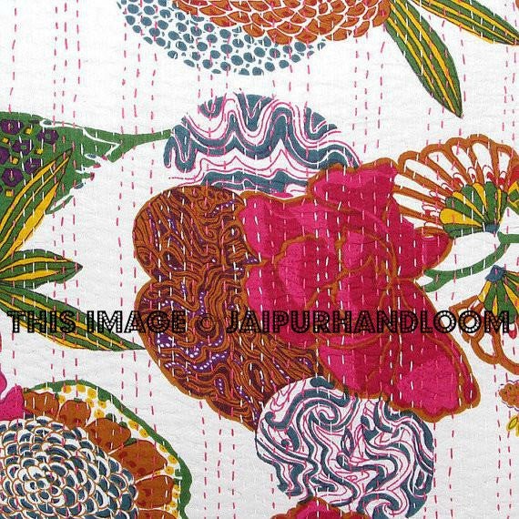 24x24 White Handmade Kantha Pillow, Kantha Decorative throw Pillow, kantha cushion cover, Floral Pillow Cushion, Indian Cotton sofa Pillow-Jaipur Handloom
