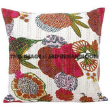 24x24 White Handmade Kantha Pillow, Kantha Decorative throw Pillow, kantha cushion cover, Floral Pillow Cushion, Indian Cotton sofa Pillow-Jaipur Handloom