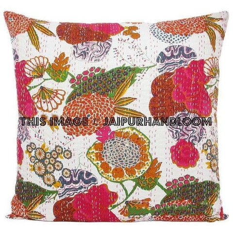 24x24 White Handmade Kantha Pillow, Kantha Decorative throw Pillow, kantha cushion cover, Floral Pillow Cushion, Indian Cotton sofa Pillow-Jaipur Handloom