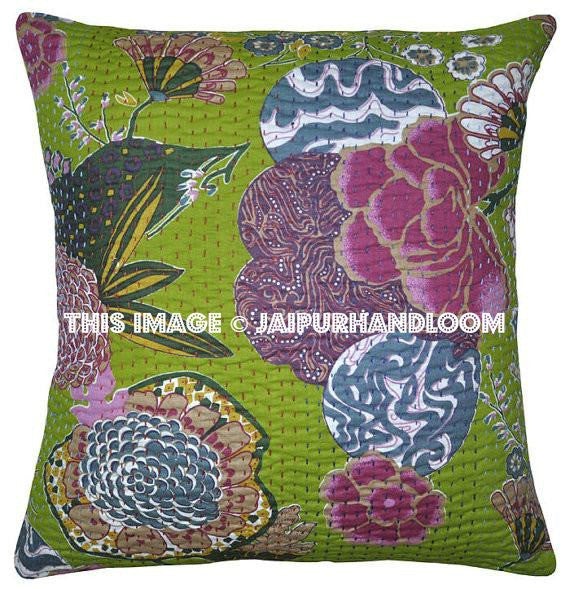 24x24 XLHandmade Kantha Pillow, Kantha Decorative throw Pillow, kantha cushion cover, Floral Pillow Cushion, Indian Pillow, Cotton Pillow-Jaipur Handloom