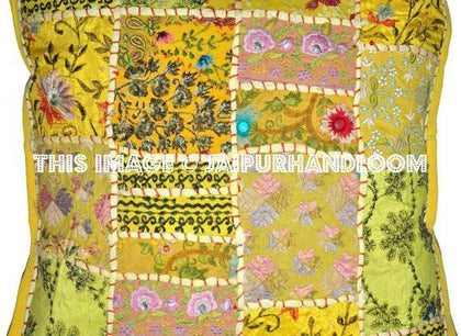 24x24" Yellow Decorative Throw Pillows For Couch Embroidered Yoga Pillows-Jaipur Handloom
