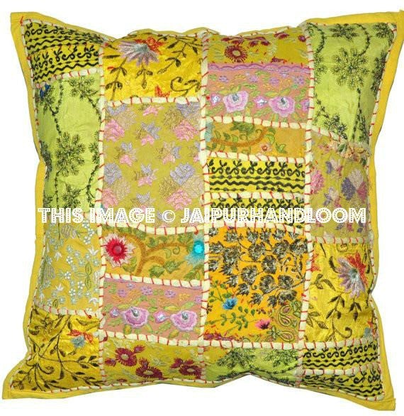 24x24" Yellow Decorative Throw Pillows For Couch Embroidered Yoga Pillows-Jaipur Handloom