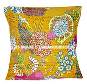 24x24 Yellow Kantha Pillow, Handmade Kantha Decorative throw Pillow, kantha cushion Floral Pillow Cushion, Indian large floor Pillow cushion-Jaipur Handloom