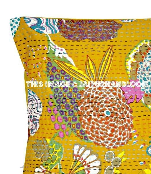 24x24 Yellow Kantha Pillow, Handmade Kantha Decorative throw Pillow, kantha cushion Floral Pillow Cushion, Indian large floor Pillow cushion-Jaipur Handloom