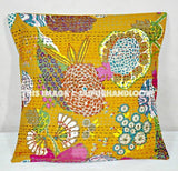 24x24 Yellow Kantha Pillow, Handmade Kantha Decorative throw Pillow, kantha cushion Floral Pillow Cushion, Indian large floor Pillow cushion-Jaipur Handloom