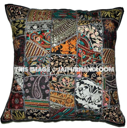 24x24" black indian organic dining chair cushions square floor cushions-Jaipur Handloom