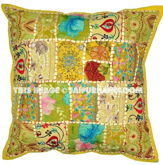 24x24 vintage patchwork bedroom shams boho yellow cottage pillows on sale-Jaipur Handloom
