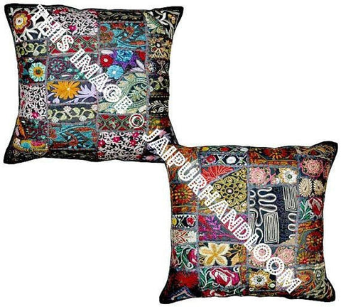 2pc Black Decorative Vintage Throw Pillow Hand Embroidered Accent Pillows-Jaipur Handloom