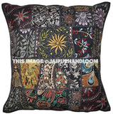 2pc Black Indian Patchwork Pillow Cover Black Embroidered Sofa Pillows-Jaipur Handloom