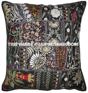2pc Black Indian Patchwork Pillow Cover Black Embroidered Sofa Pillows-Jaipur Handloom