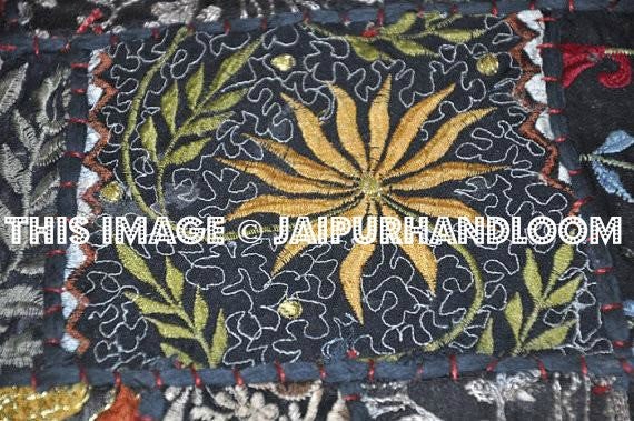 2pc Black Indian Patchwork Pillow Cover Black Embroidered Sofa Pillows-Jaipur Handloom