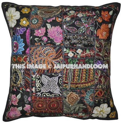 2pc Black Patchwork Vintage Pillow Indian Embroidered Sofa Pillows Cushions-Jaipur Handloom