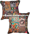 2pc Black Patchwork Vintage Pillow Indian Embroidered Sofa Pillows Cushions-Jaipur Handloom