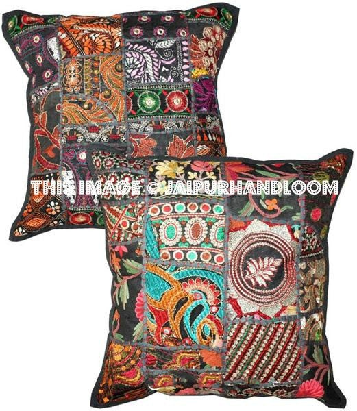 2pc Black Patchwork Vintage Pillow Indian Embroidered Sofa Pillows Cushions-Jaipur Handloom