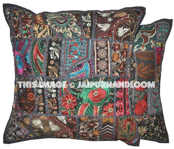 2pc Black wholesale set Decorative sofa pillows bohemian patchwork cushions-Jaipur Handloom
