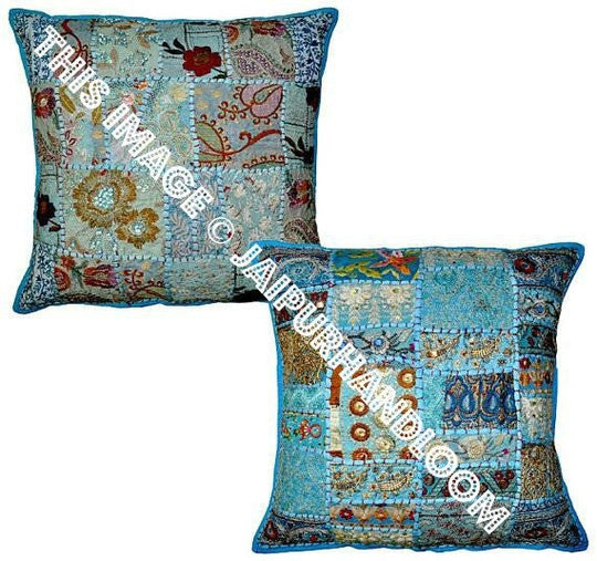 2pc Blue Vintage Bohemian Throw Pillows For Couch Stylish Patio Cushions-Jaipur Handloom