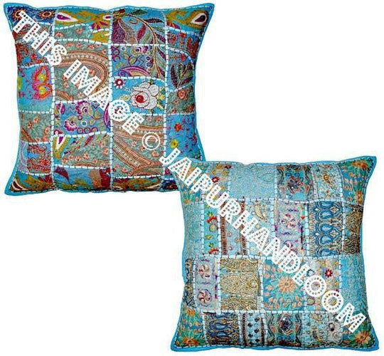 2pc Blue Vintage Embroidered Pillow cases for couch Indian Handmade Cushions-Jaipur Handloom