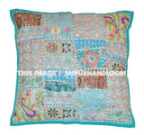 2pc Blue patchwork throw pillows for couch indian embroidered sofa cushions-Jaipur Handloom