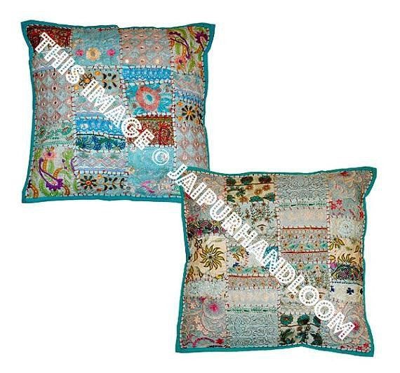 2pc Blue patchwork throw pillows for couch indian embroidered sofa cushions-Jaipur Handloom