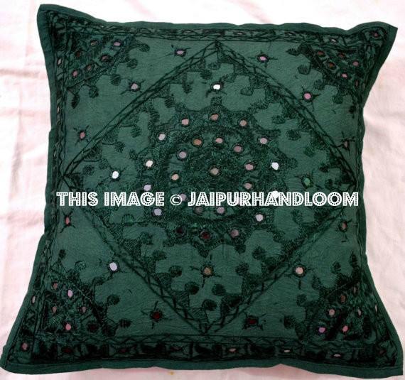 2pc Decorative Green Mirror Work Pillow,Throw Pillow, Accent PIllow, Ethnic Indian Floor Pillow, Toss Pillow, Outdoor Pillow, Sofa Pillow