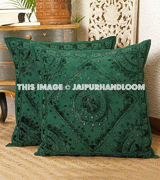 2pc Decorative Green Mirror Work Pillow,Throw Pillow, Accent PIllow, Ethnic Indian Floor Pillow, Toss Pillow, Outdoor Pillow, Sofa Pillow