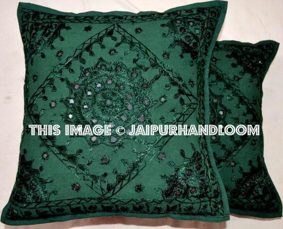 2pc Decorative Green Mirror Work Pillow,Throw Pillow, Accent PIllow, Ethnic Indian Floor Pillow, Toss Pillow, Outdoor Pillow, Sofa Pillow