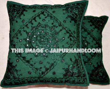 2pc Decorative Green Mirror Work Pillow,Throw Pillow, Accent PIllow, Ethnic Indian Floor Pillow, Toss Pillow, Outdoor Pillow, Sofa Pillow