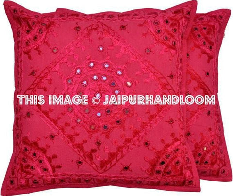 2pc Maroon Decorative Mirror Work Pillow Throw Pillow Sofa Pillow Cushions-Jaipur Handloom