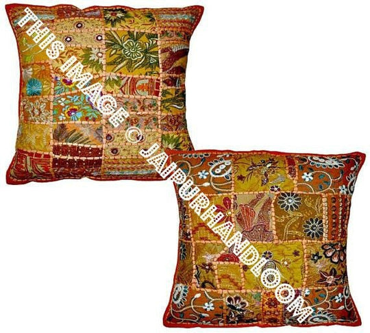 2pc Orange Patchwork Dining Chair Cushions Bohemian Kitchen Chair Cushions-Jaipur Handloom