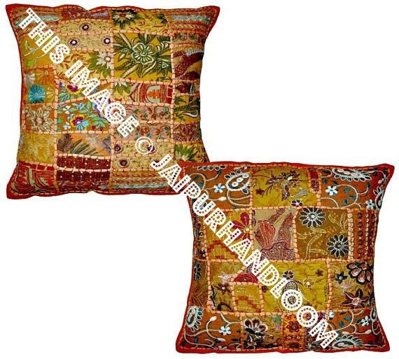 2pc Orange Patchwork Dining Chair Cushions Bohemian Kitchen Chair Cushions-Jaipur Handloom