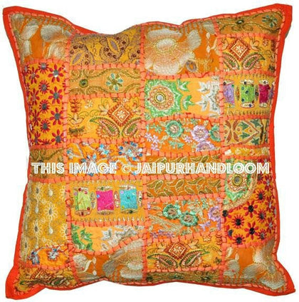 2pc Orange Patchwork Pillows Indian Embroidered Dining Chair Cushions-Jaipur Handloom