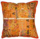 2pc Orange Patchwork Pillows Indian Embroidered Dining Chair Cushions-Jaipur Handloom
