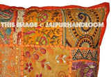 2pc Orange Patchwork Pillows Indian Embroidered Dining Chair Cushions-Jaipur Handloom