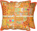 2pc Orange Patchwork Pillows Indian Embroidered Dining Chair Cushions-Jaipur Handloom