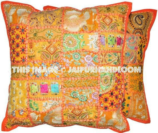 2pc Orange Patchwork Pillows Indian Embroidered Dining Chair Cushions-Jaipur Handloom