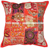 2pc Red Embroidered Outdoor Pillows Indian Patchwork Toss Pillows Patio Cushion-Jaipur Handloom