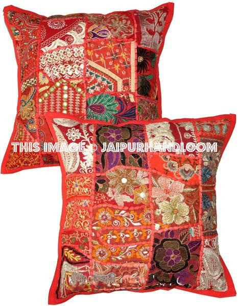 2pc Red Embroidered Outdoor Pillows Indian Patchwork Toss Pillows Patio Cushion-Jaipur Handloom