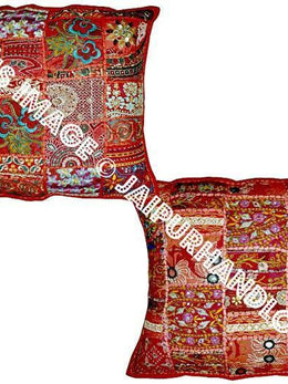 2pc Red Vintage Patchwork Sofa Throw Pillows Embroidered Bedroom Pillows