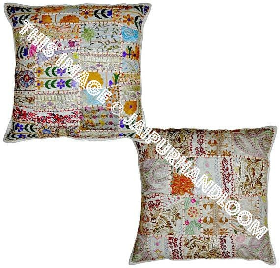 2pc White Embroidered Bedroom Cushions Indian Tribal Outdoor Pillows-Jaipur Handloom