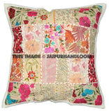 2pc White Vintage Indian throw Pillows for sofa bohemian patchwork cushions-Jaipur Handloom