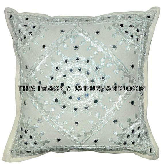 2pc White decorative Throw Pillow Indian Mirror Work Pillow Decorative Gypsy PIllow