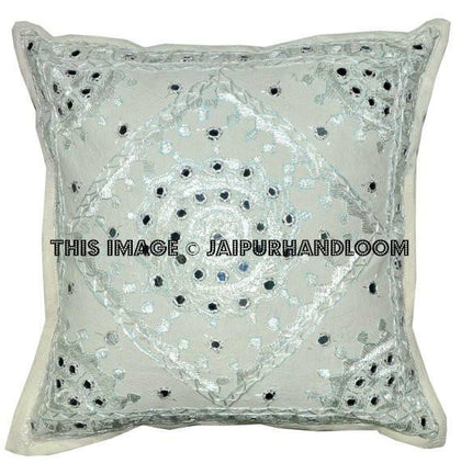 2pc White decorative Throw Pillow Indian Mirror Work Pillow Decorative Gypsy PIllow