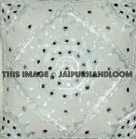 2pc White decorative Throw Pillow Indian Mirror Work Pillow Decorative Gypsy PIllow