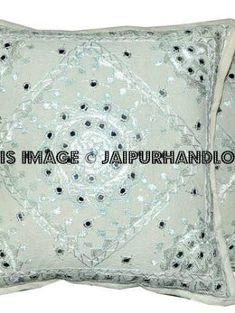 2pc White decorative Throw Pillow Indian Mirror Work Pillow Decorative Gypsy PIllow
