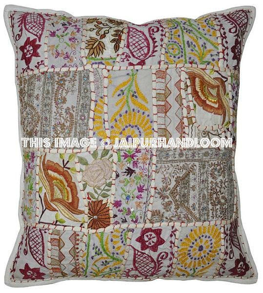 2pc Wholesale White Gypsy Decorative pillow for bed Indian Patchwork Cushions-Jaipur Handloom