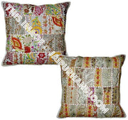 2pc Wholesale White Gypsy Decorative pillow for bed Indian Patchwork Cushions-Jaipur Handloom
