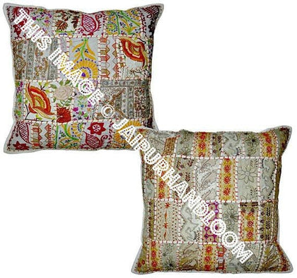 2pc Wholesale White Gypsy Decorative pillow for bed Indian Patchwork Cushions-Jaipur Handloom